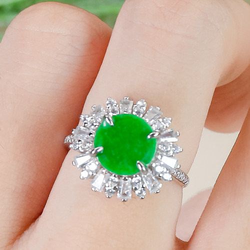 打麻将戴的天然翡翠A货时尚高级感满绿翡翠龙石种银白色圆牌戒指