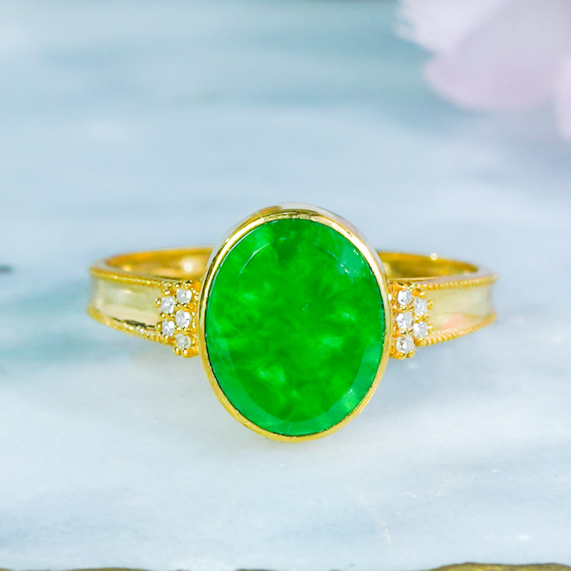 洛丽亚18k金镶嵌天然翡翠A货时尚简约龙石种椭圆牌戒指