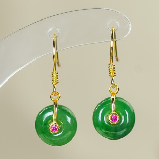 天然和田玉银镶嵌精致小巧长款 设计碧玉菠菜绿平安扣耳环耳坠耳钩