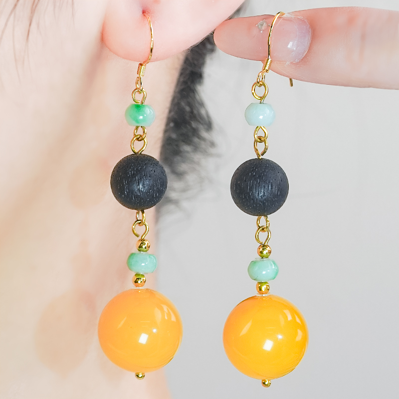 天然蜜蜡耳环银镶嵌新中式国风精致长款设计满蜜圆珠耳坠耳钩