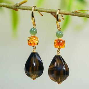 天然水晶银镶嵌大气简约款茶晶随形水滴耳环耳钩耳坠