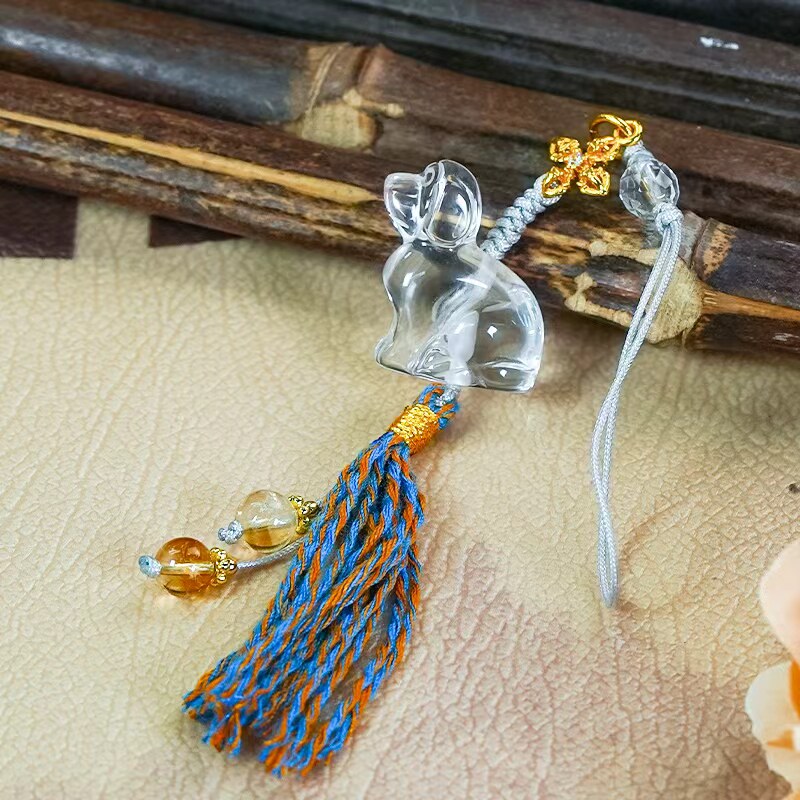 天然水晶手机挂件镶嵌手工编绳时尚好看冰透小狗挂件车挂