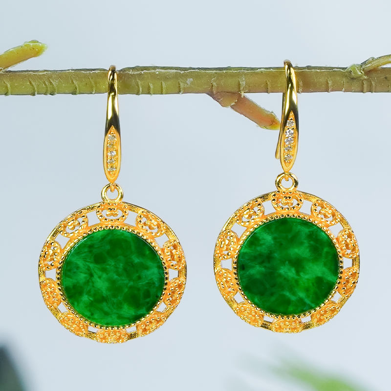 银镶嵌天然翡翠A货辣绿花丝平安喜乐圆牌耳钩耳环