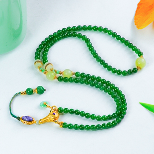 柿柿如意-银镶嵌天然和田玉碧玉项链新中式国风圆珠三通吊坠