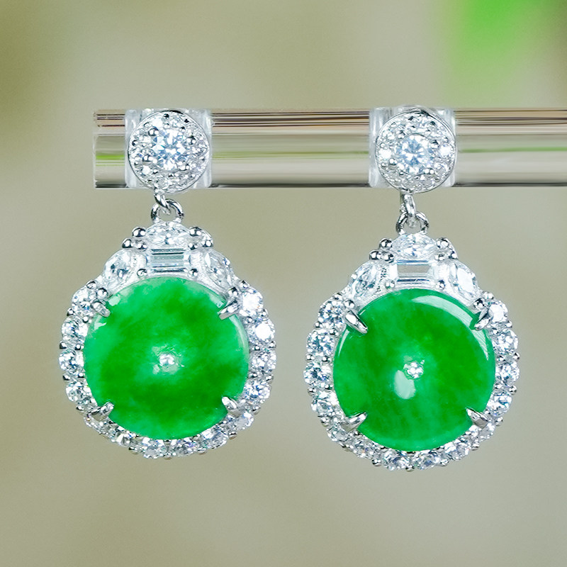 母亲节礼物银镶嵌天然翡翠耳饰a货时尚豪镶阳绿平安扣耳钉耳坠