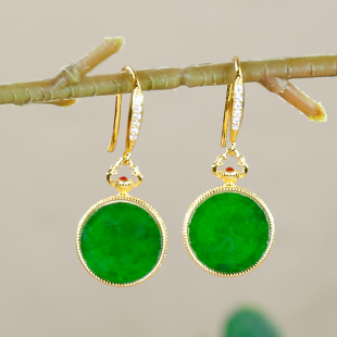 送老婆送爱人天然翡翠A货日常简约风辣绿翡翠银镶嵌圆牌耳环耳钩
