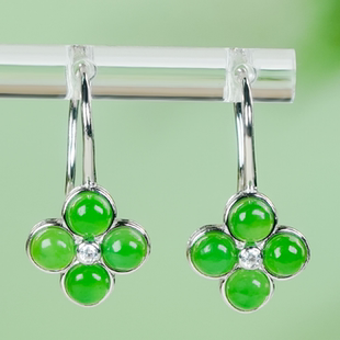 925银镶嵌天然和田玉碧玉四叶草耳环时尚 简约百搭蛋面耳钩