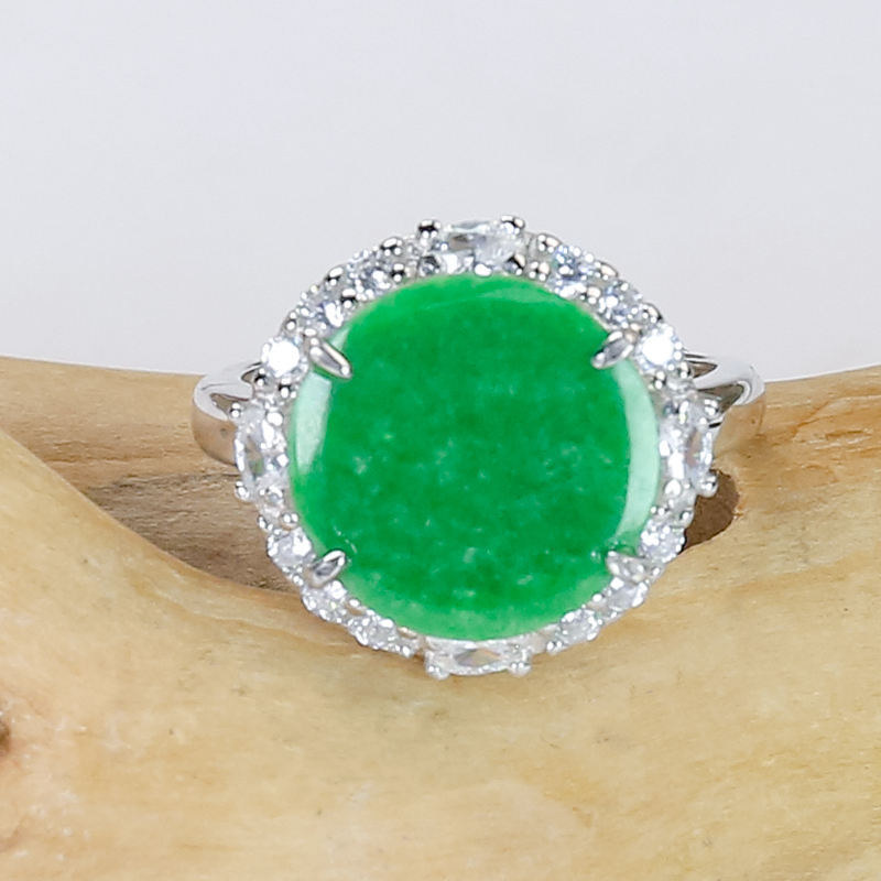 天然翡翠A货精致时尚满锆925银镶冰阳绿翡翠龙石种银白色圆牌戒指