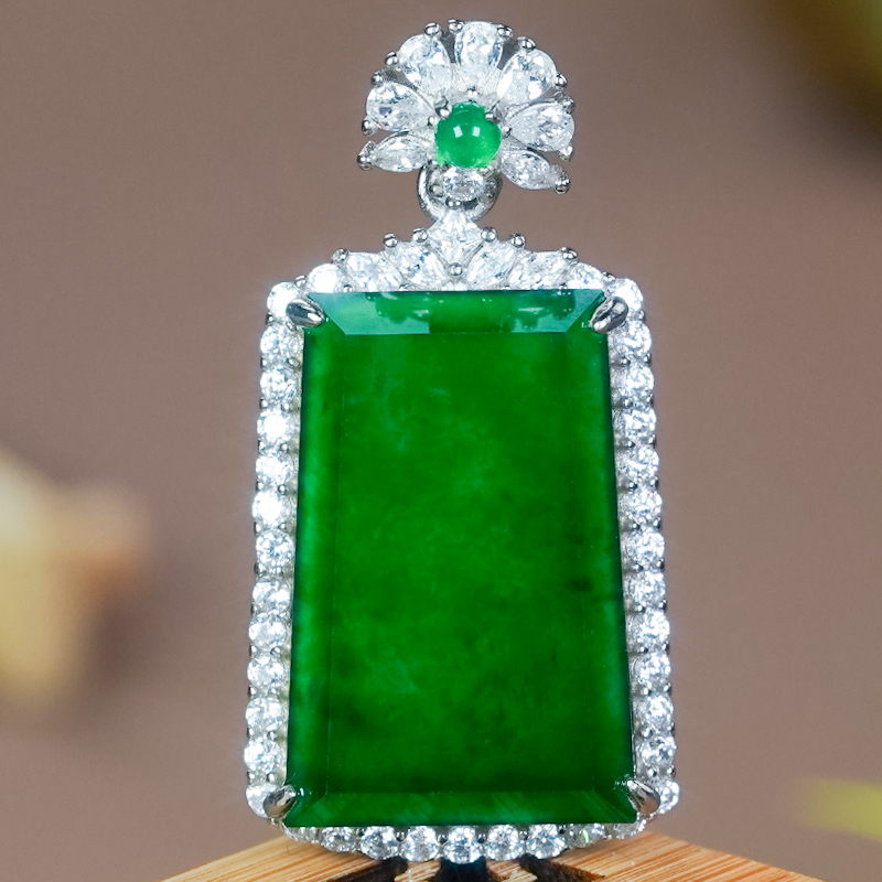 银镶嵌简约翡翠无事牌吊坠一点绿设计天然翡翠满绿冰辣绿厚庄玉坠