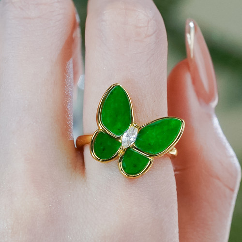 天然翡翠A货银镶嵌时尚简约满辣绿翡翠玉蝴蝶戒指