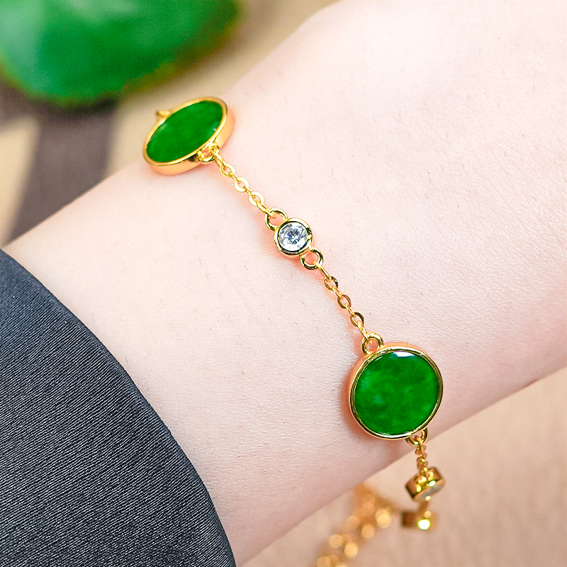洛丽亚圣诞节礼物精致气质银镶嵌天然满绿翡翠A货龙石双圆牌手链