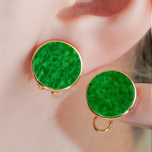 洛丽亚天然翡翠A货银镶嵌时尚简约辣阳绿翡翠圆牌耳钉耳拍耳夹
