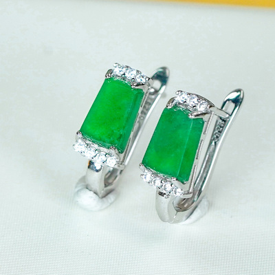 翡翠耳环气质优雅高级感天然冰辣绿翡翠A货银白色无事牌耳钉耳扣