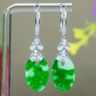 天然A货翡翠耳环925银镶嵌精致大气豪镶飘花翡翠椭圆牌耳扣耳钉
