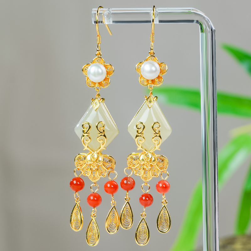 天然和田玉耳饰银镶嵌新中式耳环