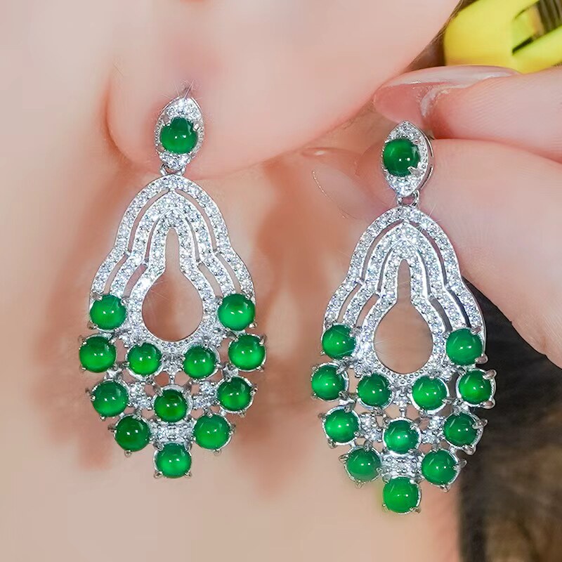 天然翡翠A货银镶镶嵌轻奢高级感玉石葫芦设计冰辣绿蛋面耳钉