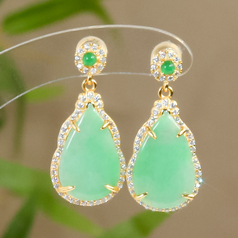 天然翡翠A货 精致翡翠水滴银镶耳钉耳环一对