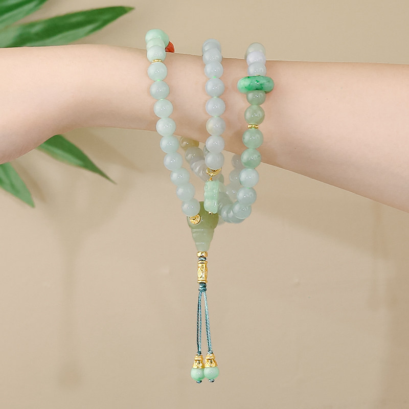 圆圆相扣气质时尚天然翡翠A货桶珠银镶嵌手链项链(配珠和田玉）