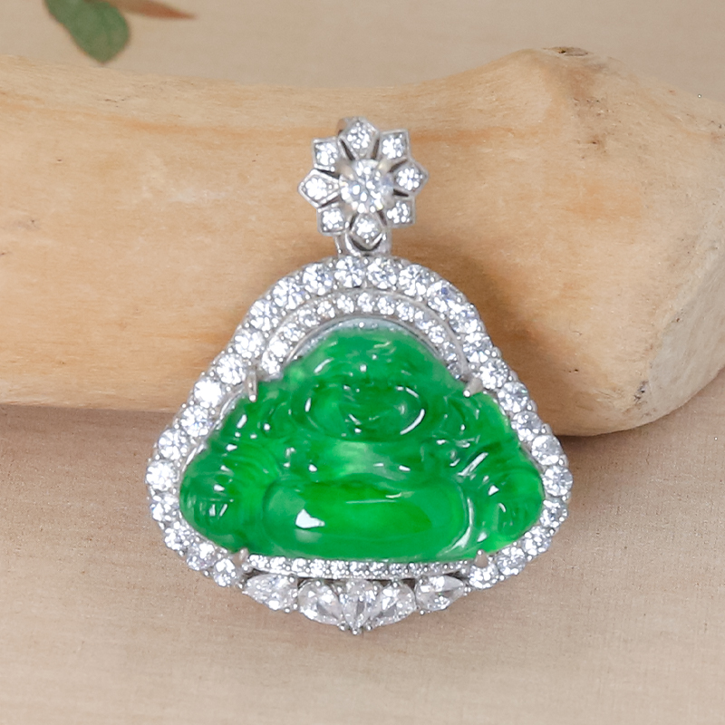 925银镶嵌天然翡翠A货精致百搭满锆花朵扣头银白色佛公吊坠送礼