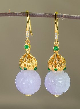 天然翡翠A货银镶嵌精致手工雕刻设计感紫色翡翠耳环耳钩