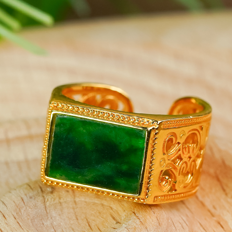 天然A货翡翠戒指银镶嵌大气时尚镂空辣绿无事牌方牌开口戒