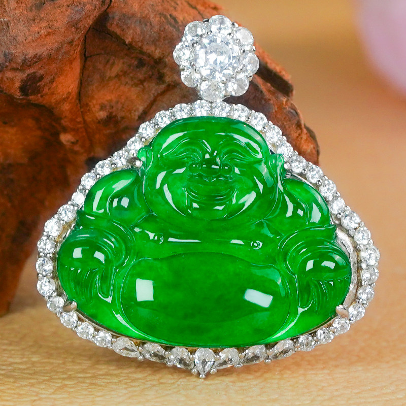 天然翡翠佛公吊坠A货银镶嵌手工雕刻工艺高冰满绿翡翠玉佛玉坠