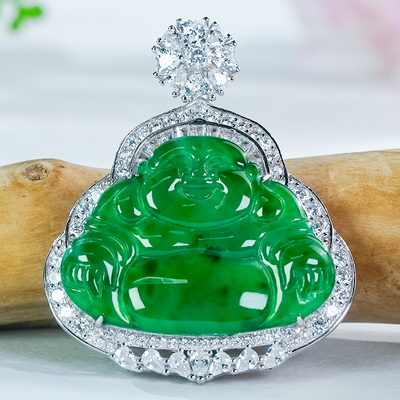 天然翡翠佛公吊坠A货银镶嵌