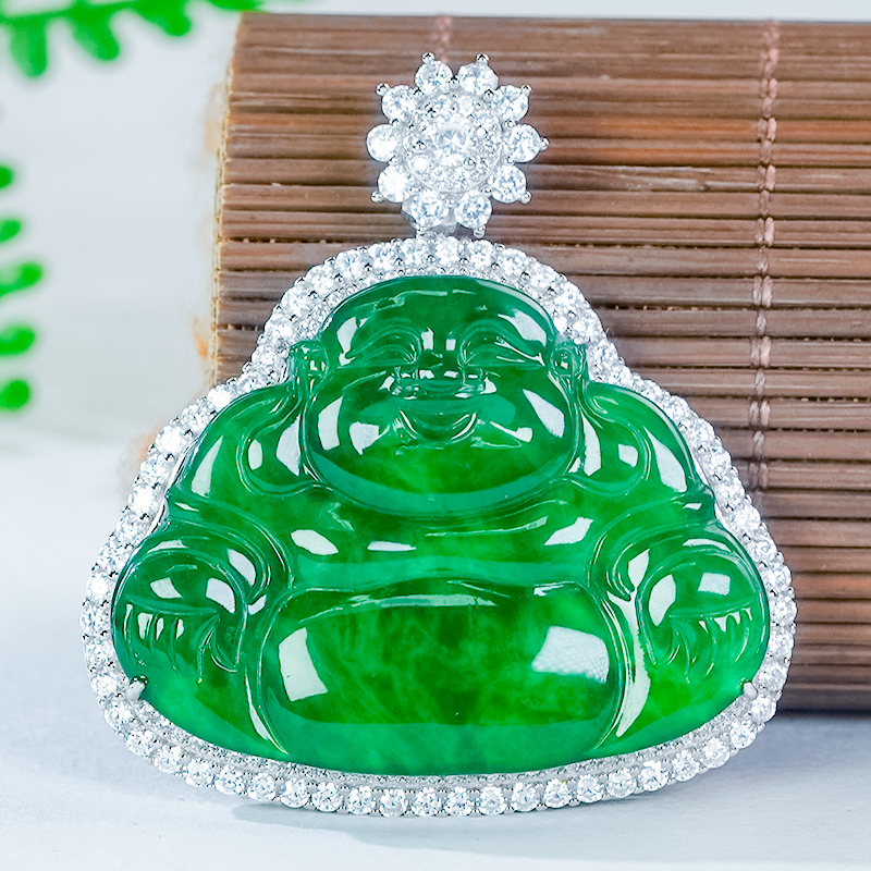 银镶嵌天然翡翠佛公吊坠A货轻奢大气雕刻工艺满绿高冰弥勒佛吊坠