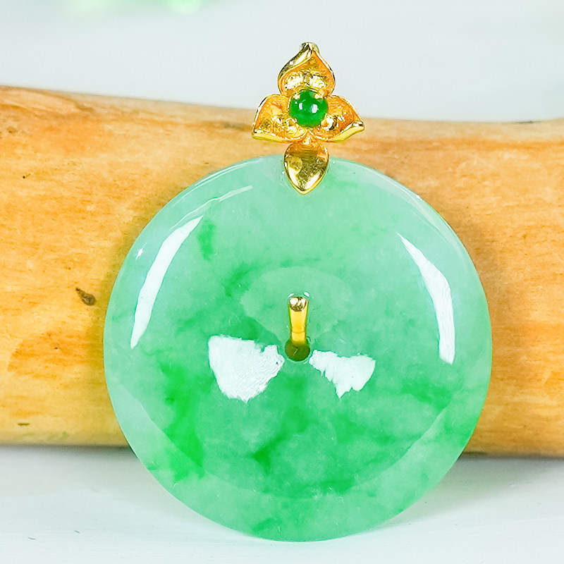 18k金镶玉天然翡翠A货精致简约花朵扣头飘阳绿平安扣翡翠吊坠