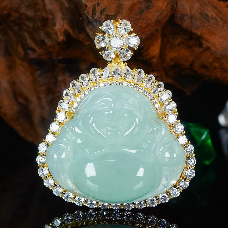 翡翠吊坠高冰银镶嵌佛公天然a货玉坠时尚冰润冰透花瓣吊坠