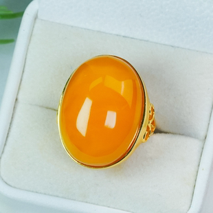 天然蜜蜡戒指银镶嵌大气厚庄老蜡蛋面活口戒指时尚镂空本命年礼物