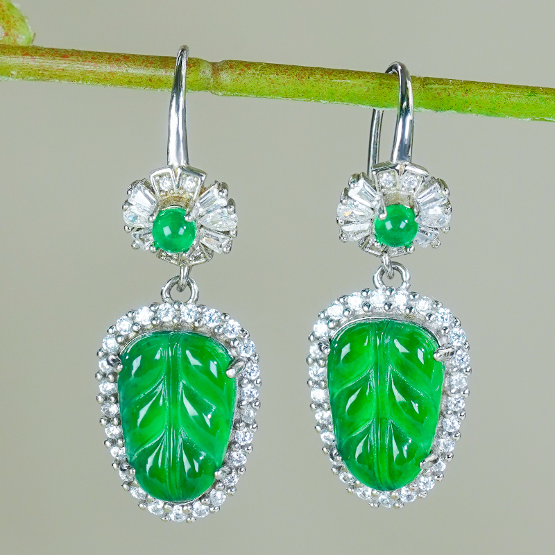 天然翡翠饰品A货银镶嵌叶子耳环