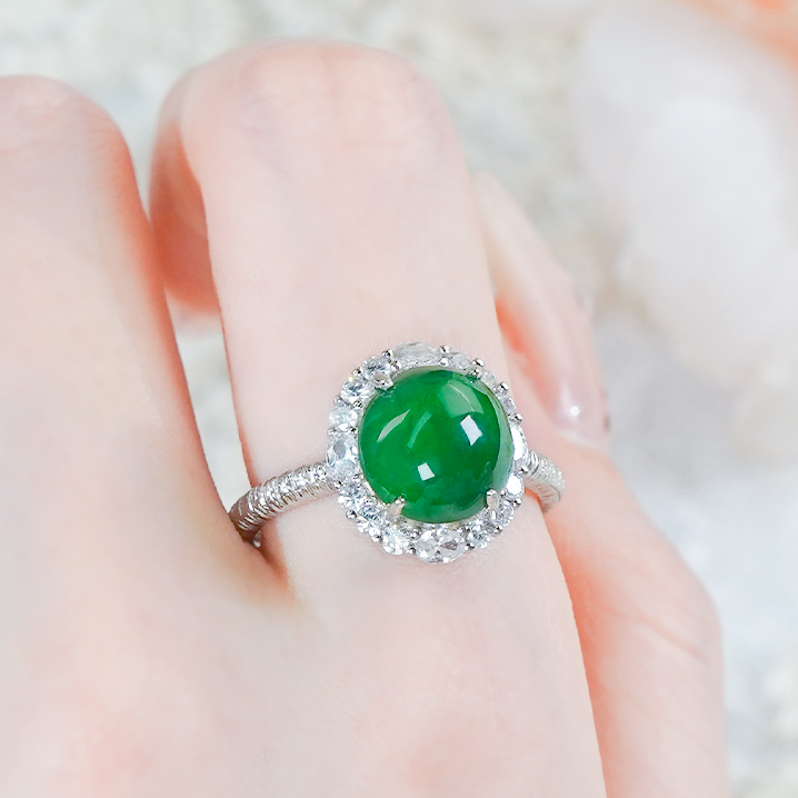 洛丽亚银镶嵌天然翡翠戒指A货时尚简约满绿冰辣绿蛋面翡翠活口戒