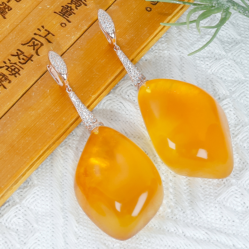 节日送礼送老婆天然蜜蜡银镶嵌新中式国风不规则蜜蜡大款耳环耳包