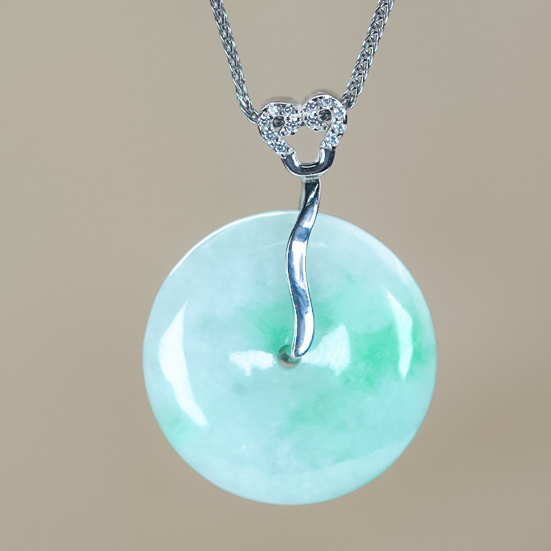 日常简约如意扣头豪镶天然飘绿翡翠银白色平安扣吊坠