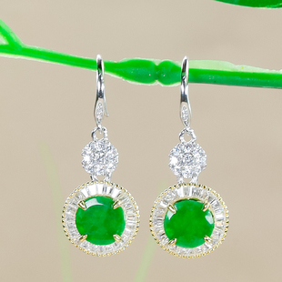 翡翠耳饰洛丽亚银镶嵌时尚天然阳绿翡翠龙石种圆牌耳环耳坠耳钩