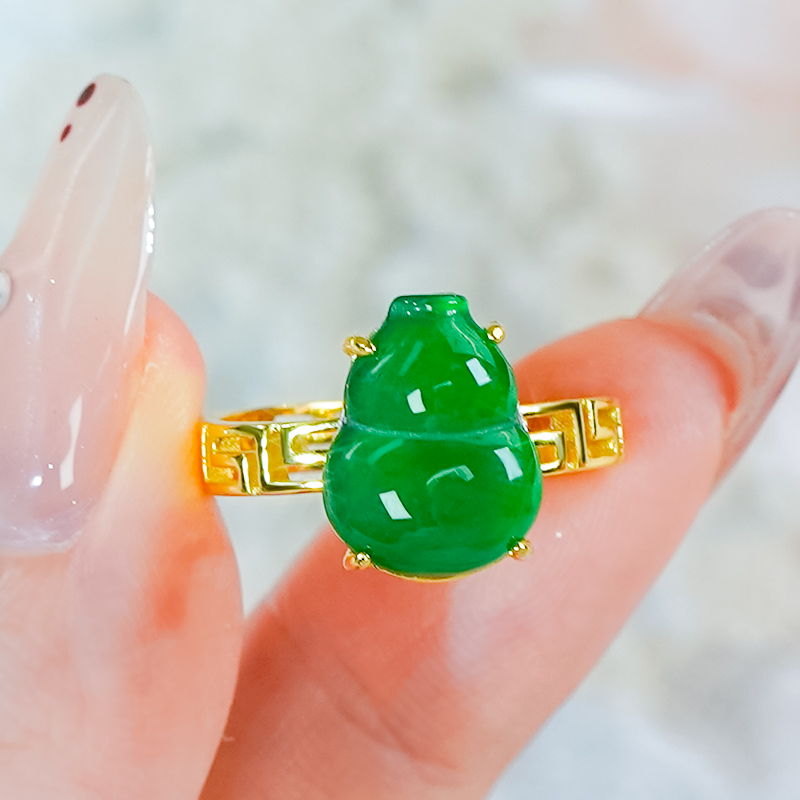 天然A货翡翠戒指简约时尚冰辣绿回文镂空设计葫芦开口戒银镶嵌