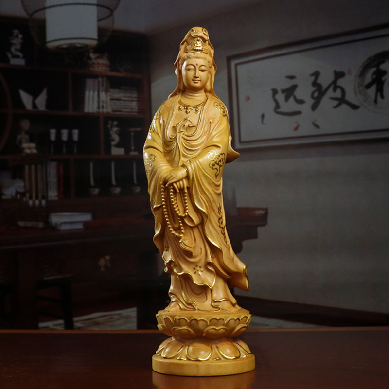 黄杨木南海观音菩萨像实木雕刻佛像家用莲花供奉摆件观世音菩萨像