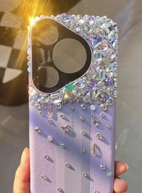 适用华为mate60 70非凡大师闪钻手机壳70pro镶钻保护套华为保时捷贴钻pura70高级感紫色皮质水钻壳女