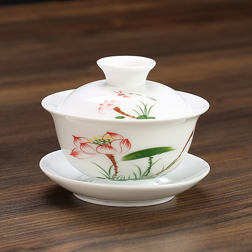 盖碗套装青花三才碗羊脂玉泡茶碗
