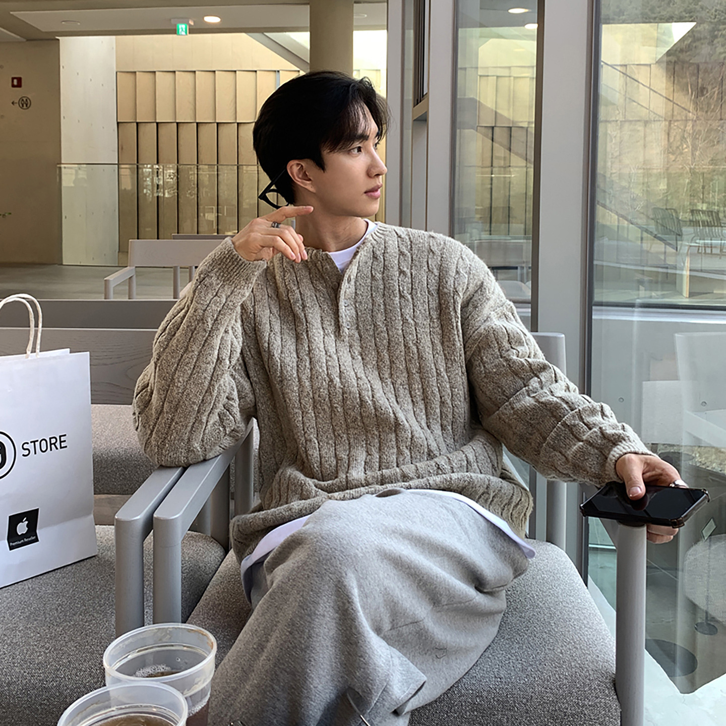 极简亨利领麻花套头毛衣男秋冬慵懒保暖穿搭韩版宽松针织衫