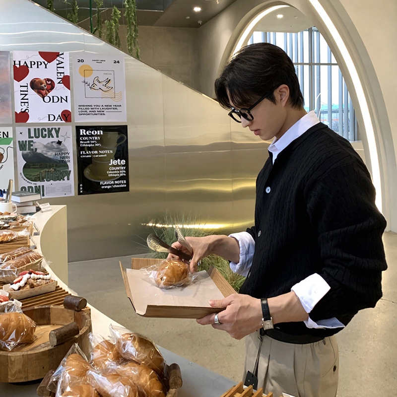 韩系男士针织开衫春季新款百搭小众设计麻花纹高端毛衣休闲