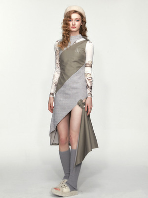 SUREENOUGH原创设计春季新款法式复古拼接撞色无袖开衩连衣裙女