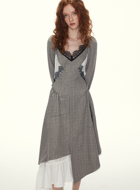 SURE ENOUGH 原创设计春季新款法式复古拼接收腰长款长袖连衣裙女
