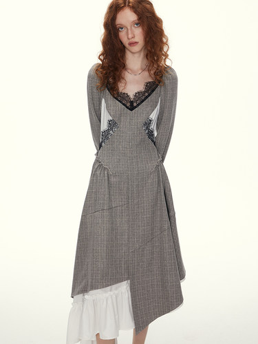 SURE ENOUGH 原创设计春季新款法式复古拼接收腰长款长袖连衣裙女