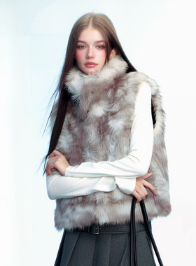 sureenough浪漫风仿狐狸毛环保皮草马甲女毛绒外套短款冬季