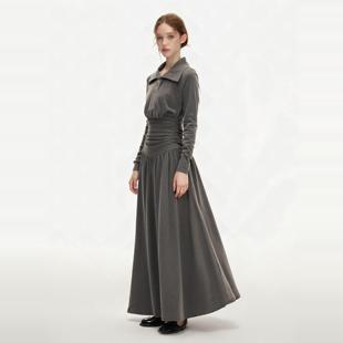 SUREENOUGH春季新品复古polo领收腰显瘦灰色长款A字长袖连衣裙女