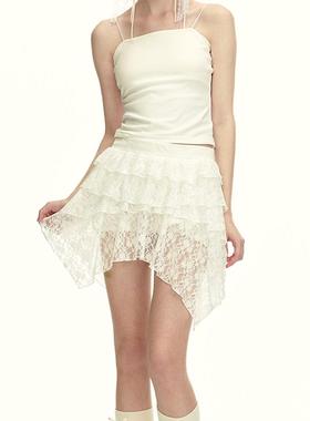 SURE ENOUGH 原创法式浪漫少女白色不规则多层拼接半身短裙女
