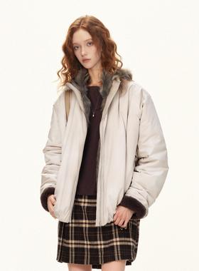 SUREENOUGH原创秋冬复古毛毛内胆夹棉款花苞型宽松翻毛领短外套女