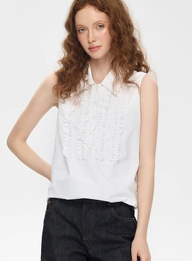 SUREENOUGH法式设计感木耳边白色褶皱无袖衬衫背心女夏季